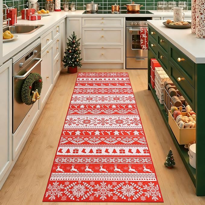 2x6 Hallway Runner Rug, Washable Non Slip Snowflake Print Design, Entryway Vintage Soft Kitchen Laundry Runner Rugs, Indoor Farmhouse Home Decor Carpet for Living Room Bedroom Dining Room, Red