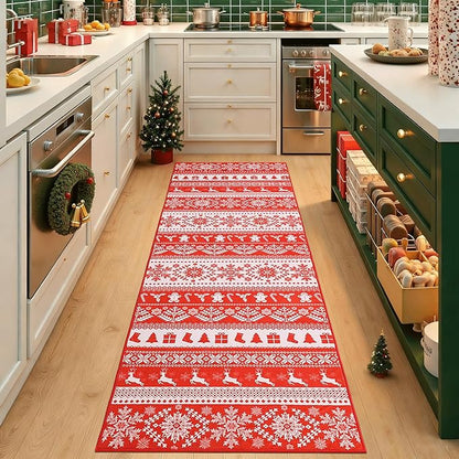 2x8 Hallway Runner Rug, Washable Non Slip Snowflake Print Design, Entryway Vintage Soft Kitchen Laundry Runner Rugs, Indoor Farmhouse Home Decor Carpet for Living Room Bedroom Dining Room, Red