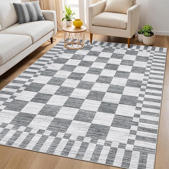 GarveeHome 9×12 Area Rugs for Living Room,Grey Checkered Rug, Non-Slip Washable Rugs 8x10,Soft Low-Pile Farmhouse Geometric Modern Rugs for Bedroom Dining Room