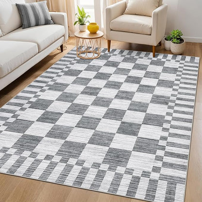 GarveeHome 9×12 Area Rugs for Living Room,Grey Checkered Rug, Non-Slip Washable Rugs 8x10,Soft Low-Pile Farmhouse Geometric Modern Rugs for Bedroom Dining Room