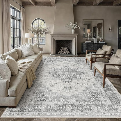 PureCozy Gray 8x10 Area Rug Washable Vintage Living Room Carpet Non Slip Retro Distressed Low Pile Soft Oriental Medallion Thin Large Grey Throw Rug for Office Bedroom Dining Room Playroom