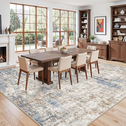 12x12ft Square Living Room Rug – Non-Slip Washable Extra Large Floor Carpet for Bedroom, Dining Room, Playroom Room – Modern Abstract Neutral Thin Low-Pile Oversized Indoor Rug (Blue Brown)
