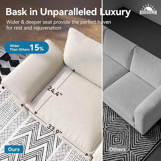 SUNSHINE VALLEY Sectional Loveseat with Ottoman, 87.5'' Oversized Chenille Love Seat Modular Sofa Couch with Pillow, 3-Seat Modern L Shaped Cloud Deep Seat for Bedroom Small Space, Beige