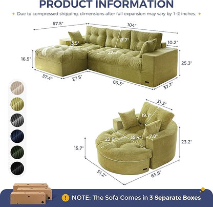 MAXYOYO L Shape Sectional Sofa Couch and Round Chaise Lounge, Modern Cloud Couch with Ottoman, Comfy Sofa with Layered Cushion, Tufted Upholstered Sleeper Chair for Living Room, No Assembly Required