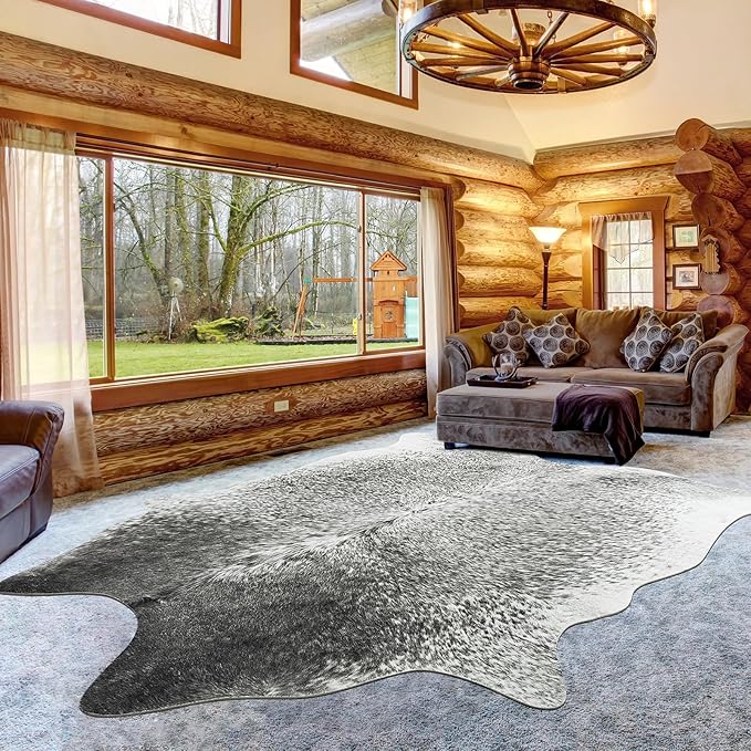 Cow Hide Rug for Living Room, Washable Cowhide Rug, Large Faux Animal Skin Rugs, Non-Slip Cow Print Area Rugs, 5x6 Feet Cowhide Rugs for Bedroom Office Kitchen Fireplace, Grey