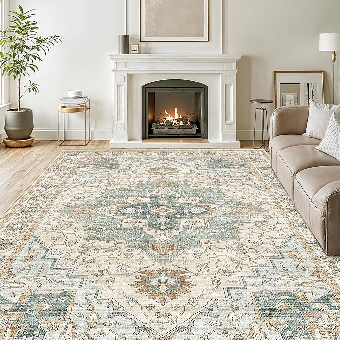 10x14 Living Room Rug - Large Washable Non Slip Vintage Rugs Low Pile Stain Resistant Distressed Carpet for Bedroom Dining Room Home Office 10'x14' Green/Beige