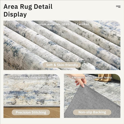 Soalmost Abstract Rug 5x7 Machine Washable Area Indoor Blue Yellow Low Pile Non-Slip Foldable Thin Accent Rugs for Bedroom Living Room Dining Room
