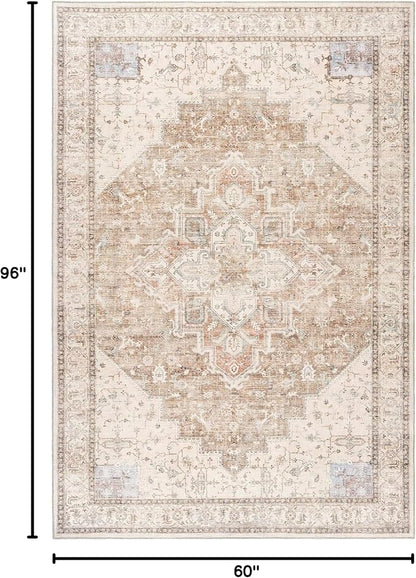 BILEEHOME Boho Farmhouse Bedroom Rug Washable Easy Clean Stain Resistant Vintage Country Rustic Neutral Persian Area Rug for Dining Room Under Table,Light Tan Brown Beig with Terracotta Pattern,5x8