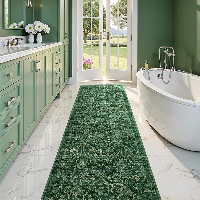Dark Green 2x10 Runner Rug for Hallways Bed Side Kitchen, Boho Washable Distressed Low-Pile Floor Entryway Long Bathroom Mat, Non-Slip Laundry Room Washstand Front Carpet Green 24x120 Inch