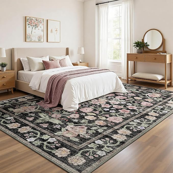 Maxsoft Large Area Rugs for Living Room Bedroom, 5x7 Washable Floral Area Rugs, Non-Slip and Stain Resistant Soft Throw Indoor Carpet for Dining Room Office Kitchen Dorm Home Decor, Black