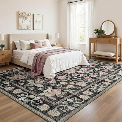 Maxsoft Large Area Rugs for Living Room Bedroom, 5x7 Washable Floral Area Rugs, Non-Slip and Stain Resistant Soft Throw Indoor Carpet for Dining Room Office Kitchen Dorm Home Decor, Black