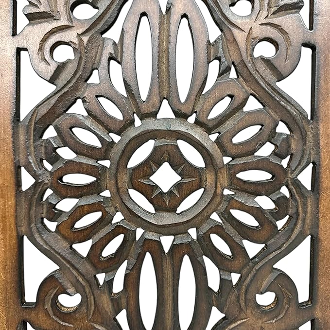 Floral Hand Carved Wooden Wall Panels Set of 2, Rustic Brown Decorative Wall Art for Living Room, Bedroom, Hallway & Home Décor, Vintage Rustic Finish Handmade Wooden Hanging Panels