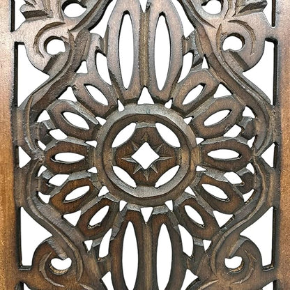 Floral Hand Carved Wooden Wall Panels Set of 2, Rustic Brown Decorative Wall Art for Living Room, Bedroom, Hallway & Home Décor, Vintage Rustic Finish Handmade Wooden Hanging Panels