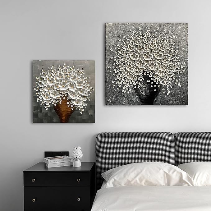 Canvas Wall Art Grey and White Flower Painting, 30x30 inchs Modern Flower Tray Knife Painting, Bedroom Kitchen Dining Room Living Room Office Home Wall Decoration