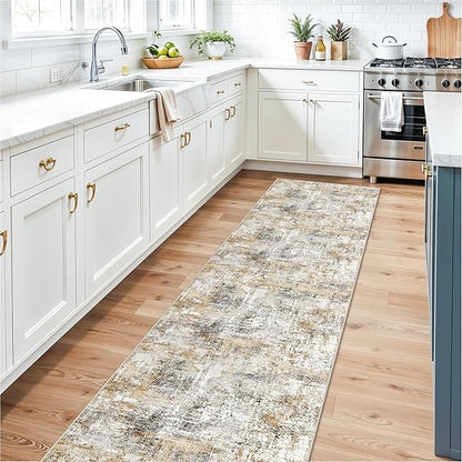 2x10 Ft Long Runner Rug for Hallway – Non-Slip Washable Floor Runner for Kitchen Indoor Entryway, Bedroom, Living Room,Modern Abstract Low-Pile Thin Carpet （Gold Grey）