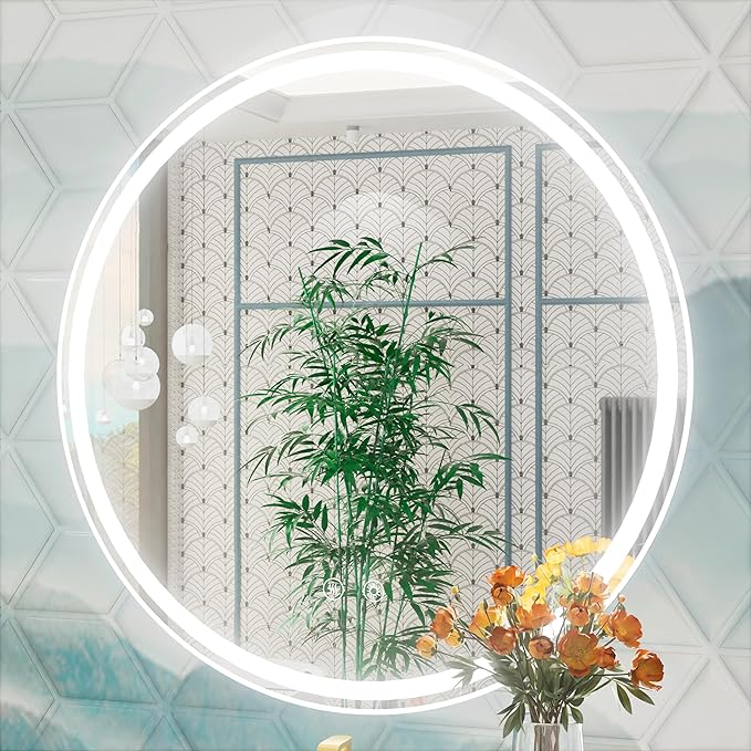 30 Inch Round LED Mirror for Bathroom, Front Light & Backlit, Adjustable Brightness, Anti-Fog, Memory, CRI 90+, Frameless Round Vanity Mirror with Lights