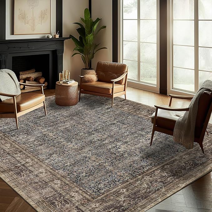 CHAMPLANT Washable Area Rug 9'x12' Retro Boho Design Non-Shedding Easy Care Ideal for High Traffic Areas in Living Room Bedroom Office Coffee Table Kitchen Large Carpet
