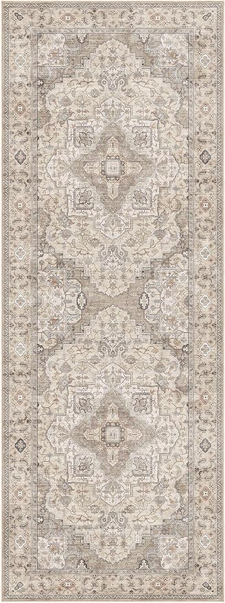 EIEIHOUSE Washable 2x6 Runner Rug - Area Rugs Neutral Vintage Distressed Floral Farmhouse Boho Large Soft Floor Rug Indoor Carpet for Hallway Entryway Bedroom Kitchen - Brown/Multi