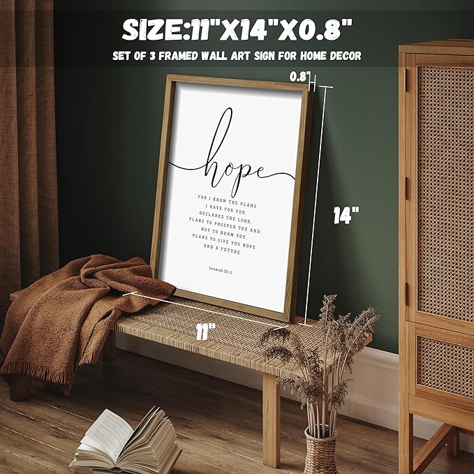 Houmury Set of 3 Framed Farmhouse Bible Verses Wall Decor Sign 11”x14” Christian Faith Scripture Wall Art for Home Living Room Bedroom Wall Decor (11"x14" Brown)