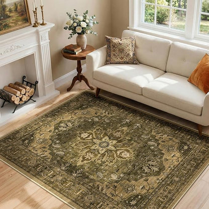 RELEANY Area Rugs 4'x6' Washable Non-Slip, Floral Vintage Distress Print Pattern Medallion Carpet for Living Room Bedroom Dining Room, Brown Dark Brown