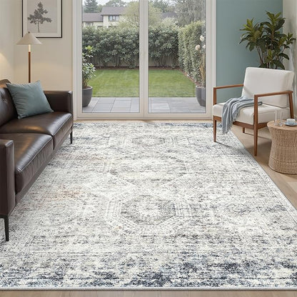 Soalmost 5x8 Area Rugs Blue Ivory Low Pile Indoor Washable Trendy Faded Style Rugs for Bedroom Living Room Dining Room Foldable Non-Slip Thin Print Home Office Mat