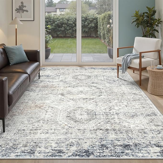 Soalmost 5x8 Area Rugs Blue Ivory Low Pile Indoor Washable Trendy Faded Style Rugs for Bedroom Living Room Dining Room Foldable Non-Slip Thin Print Home Office Mat
