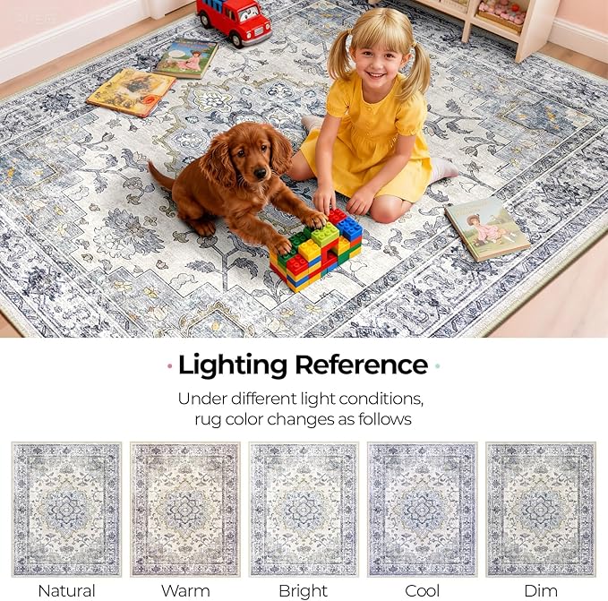CAPALOCA Machine Washable Rugs Nursery Rug Sq5ft Cute Girl Non Slip Low Pile Water Repellent Soft Print Pattern for Bedroom Indoor Decor Kids Playroom Blue White