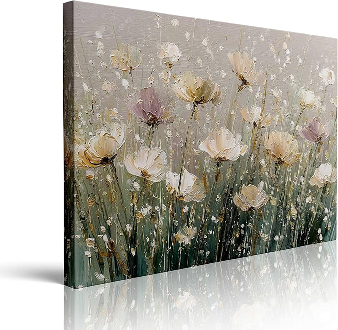 Serene White Lavender Floral Canvas Wall Art Framed Oil Painting Impressionist Botanical Print Thick Textured Artwork Pastel Wall Decor Poster for Calming Bedroom Living Room Home Decor 16x24 Inches