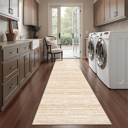 Miukiki 2x10 Runner Rug Moroccan Washable Hallway Runner Rug Non Slip Indoor Floor Kitchen Rug Foldable Carpet for Bathroom Laundry Room with Low Pile(Beige,2'x10')