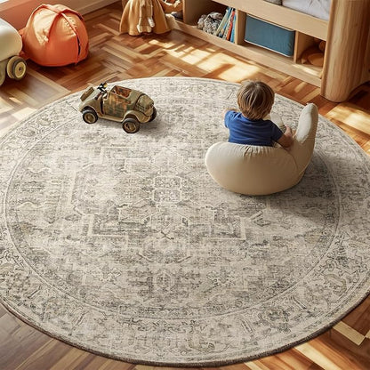 6ft Washable Round Rugs for Bedroom: Circle Living Room Rug Vintage Non Slip Low Pile Soft Faux Wool Non Shedding Boho Circular Rug for Entryway Kitchen Bathroom Office College Dorm Nursery Indoor