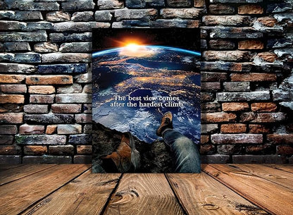 Creative Motivational Earth and Sunrise Wall Art Positive Quotes The Best View Comes After The Hardest Climb Artwork HD Print Modern Home Farmed Office Wall Decoration Painting Easy to Hang-18"Wx24"H