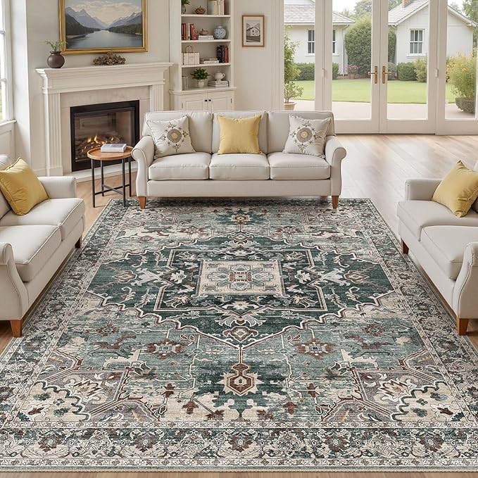 8x10 Washable Area Rugs for Living Room: Non Slip Vintage Green Rug, Large Soft Stain Resistant Indoor Floor Carpets for Bedroom Dining Room Nursery Home Office Kid & Pet Friendly