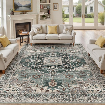 8x10 Washable Area Rugs for Living Room: Non Slip Vintage Green Rug, Large Soft Stain Resistant Indoor Floor Carpets for Bedroom Dining Room Nursery Home Office Kid & Pet Friendly