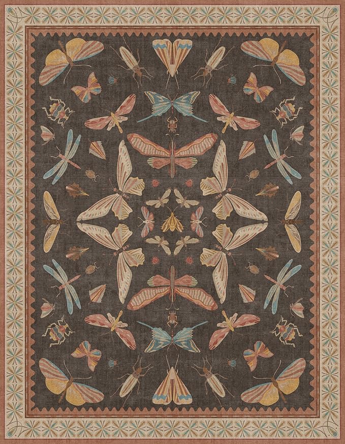 Washable Brown Farmhouse Rug 7x9, Low Pile Area Carpet for Living Room, Bedroom & Dining Room, Whimsical Insect Stain Resistant Décor
