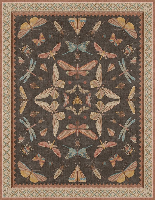 Washable Brown Farmhouse Rug 7x9, Low Pile Area Carpet for Living Room, Bedroom & Dining Room, Whimsical Insect Stain Resistant Décor