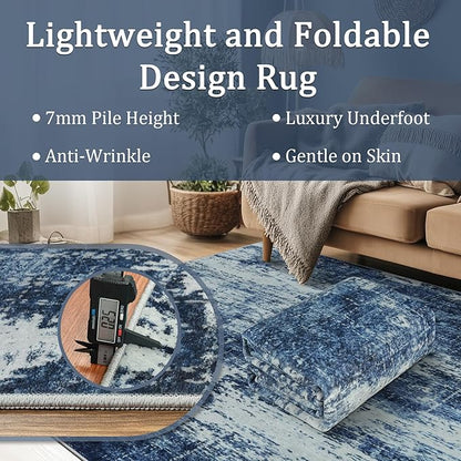 9x12 Area Rug Living Room Rugs - Washable Rug Large Modern Abstract Soft Thin Carpets Indoor Floor No Slip Vintage Carpet for Bedroom Under Dining Table Nursery Home Office Decor Deep Blue