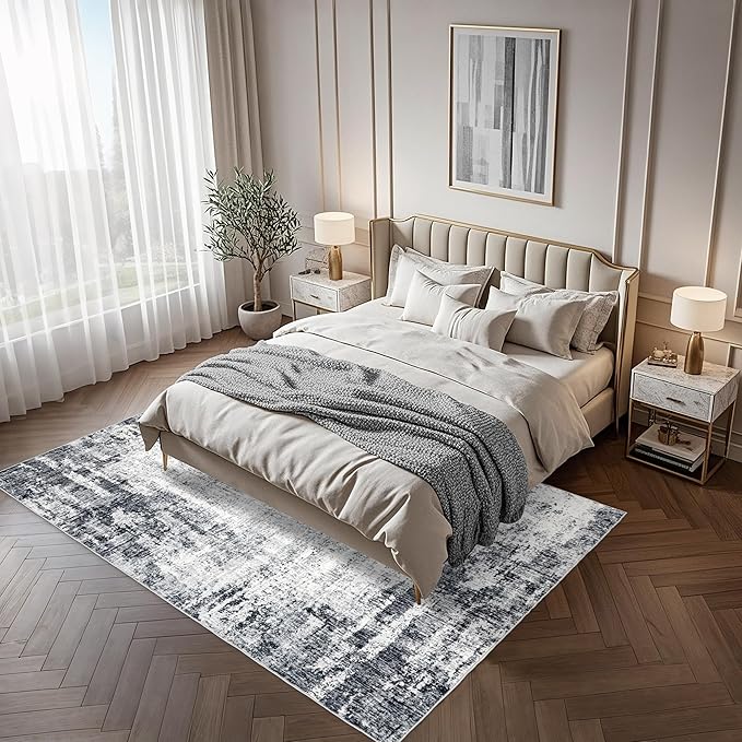 Washable 5x7 Area Rug: Modern Large Rugs for Living Room Dining Room Bedroom Office Indoor - Non-Slip Carpet Home Decor - 5x7 Black Grey
