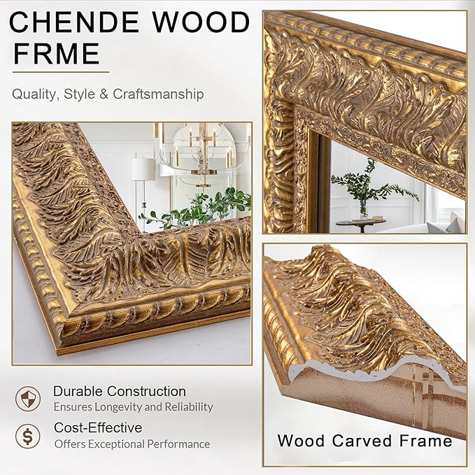 Chende Decorative Wall Mirror with Leaves Wood Frame, 41" L x 29" W Gold Ornate Mirror for Wall Decor, Elegant Rectangular Mirror for Living Room Bathroom Bedroom Fireplace Mantle