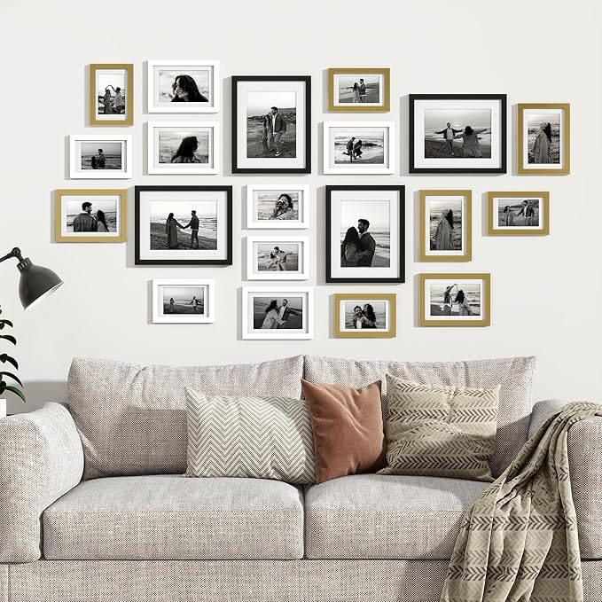 Venusmiles 20 Pack Picture Frames Collage Wall Decor, Gallery Frame Set for Wall Mounting or Tabletop Display, Multi Sizes Including 4pcs 8x10, 8pcs 5x7, 8pcs 4x6, Black+White+Gold