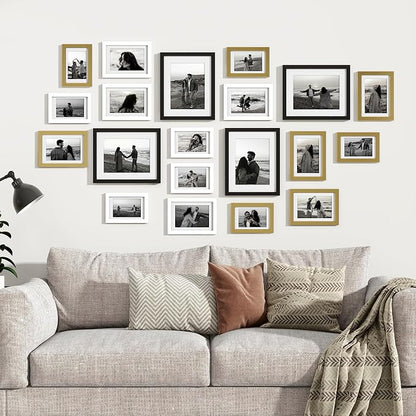 Venusmiles 20 Pack Picture Frames Collage Wall Decor, Gallery Frame Set for Wall Mounting or Tabletop Display, Multi Sizes Including 4pcs 8x10, 8pcs 5x7, 8pcs 4x6, Black+White+Gold