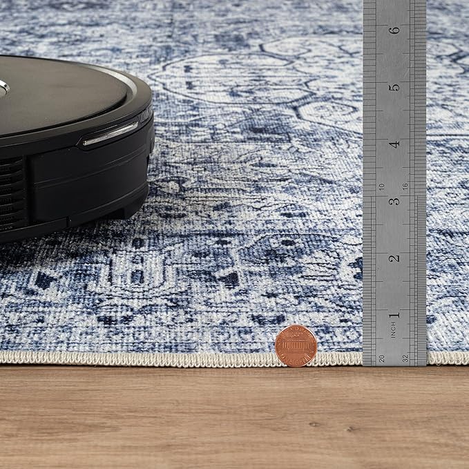 Bloom Rugs Washable Non-Slip 4' x 6' Rug - Ivory/Denim Blue Traditional Medallion Area Rug for Living Room, Bedroom, Dining Room, and Kitchen - Exact Size: 4' x 6'