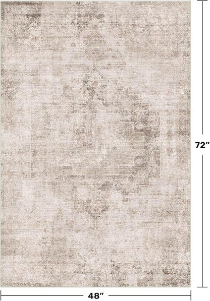 Washable 4x6 Area Rug for Entryway Indoor, Living Room, Kitchen, Bedroom Bedside - Stain-Resistant Non-Slip with Rubber Backing, Unique Floral Aesthetic Décor, Light Brown & Beige