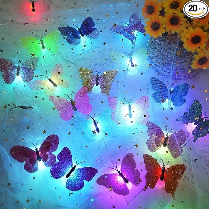 3D LED Butterfly Night Lights, 20Pcs Single and Double Butterfly Decoration Light, Glowing Flash Wall Stickers Light for Bedroom, Garden, Backyard, Party, Lawn, Living Room Decor