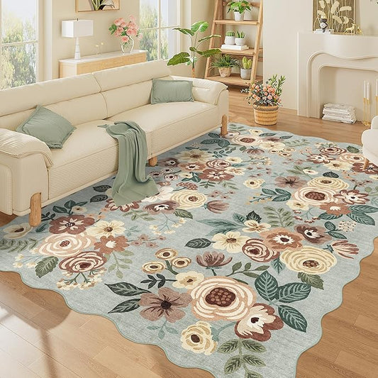 DUKINO 5x7 Area Rug, Floral Washable Rugs for Living Room with Non Slip Backing & Non-Shedding, Lightwight Low Pile Boho Design Large Carpets for Bedroom, Living Room, Dining Room, Sage Green
