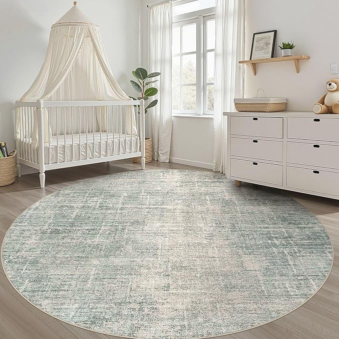 8ft Round Rug Living Room: 8x8 Washable Large Neutral Green Circle Area Rug Abstract Soft Modern Stain Resistant Indoor Floor Non-Slip Carpet for Bedroom Nursery Kids Office Playroom Dining Room