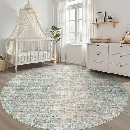 8ft Round Rug Living Room: 8x8 Washable Large Neutral Green Circle Area Rug Abstract Soft Modern Stain Resistant Indoor Floor Non-Slip Carpet for Bedroom Nursery Kids Office Playroom Dining Room