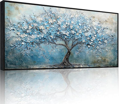crmotu Tree of Life Wall Art, Large Wall Decor Living Room, Black Framed Wall Art, Cherry Blossom Tree Painting Prints, Modern Japanese Aesthetic Artwork, Blue Big Pictures for Office Hotel 32"x71"