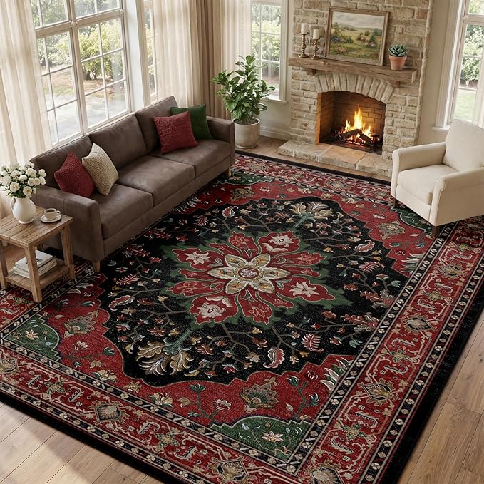 RELEANY Area Rugs 10'x12' Washable Non-Slip, Floral Vintage Distress Print Pattern Medallion Carpet for Living Room Bedroom Dining Room, Red Black