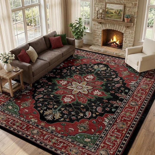 RELEANY Area Rugs 10'x12' Washable Non-Slip, Floral Vintage Distress Print Pattern Medallion Carpet for Living Room Bedroom Dining Room, Red Black