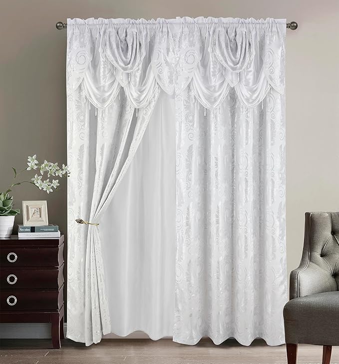 GLORY RUGS Jacquard Luxury Window 2 Panel Set White Curtain with Attached Valance and Backing Bedroom Living Room Dining 2 Curtains 55x84 inches Each Jana